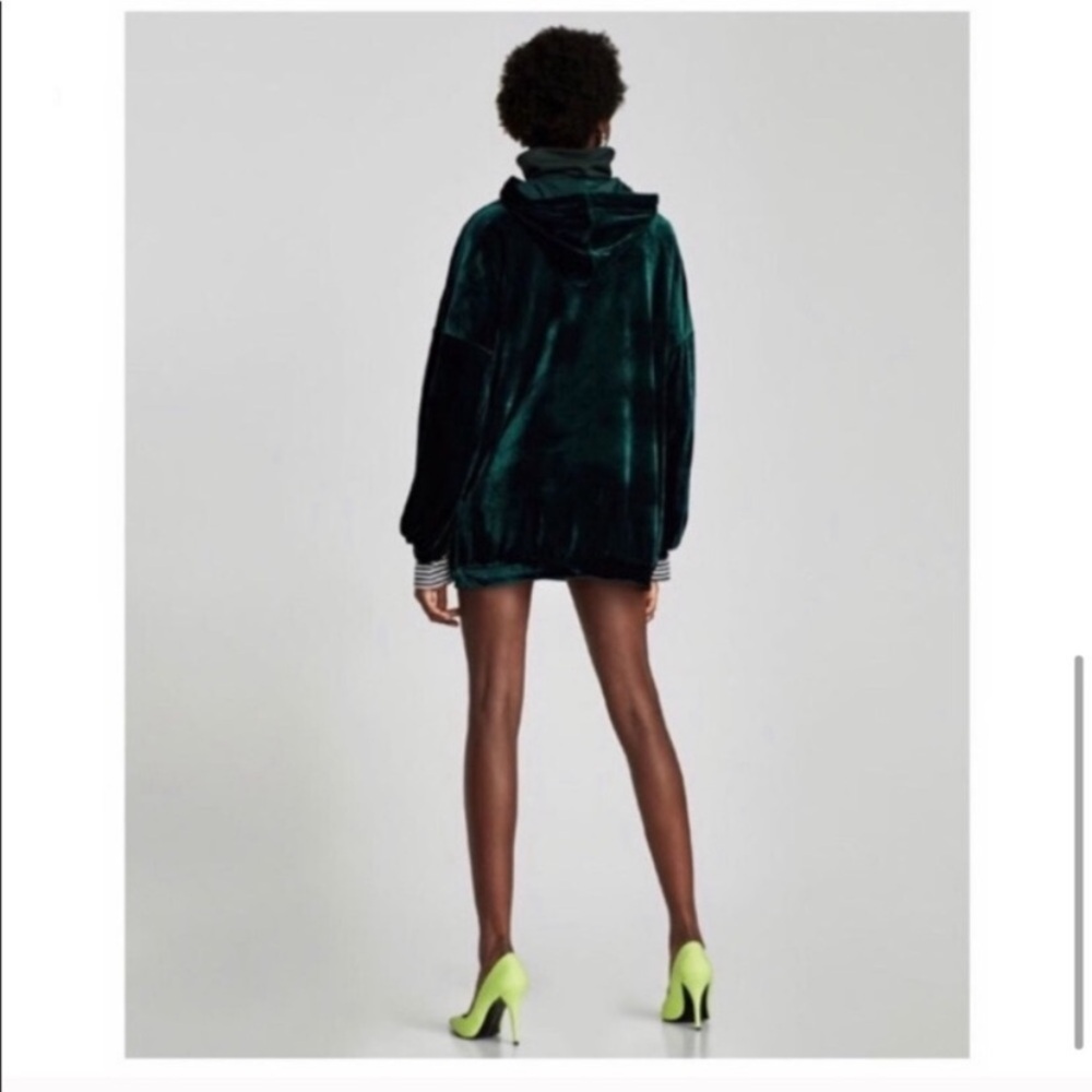 Zara Oversized Velvet Hoodie Sweatshirt Dress Dark Green Soft Luxe Bloggers M